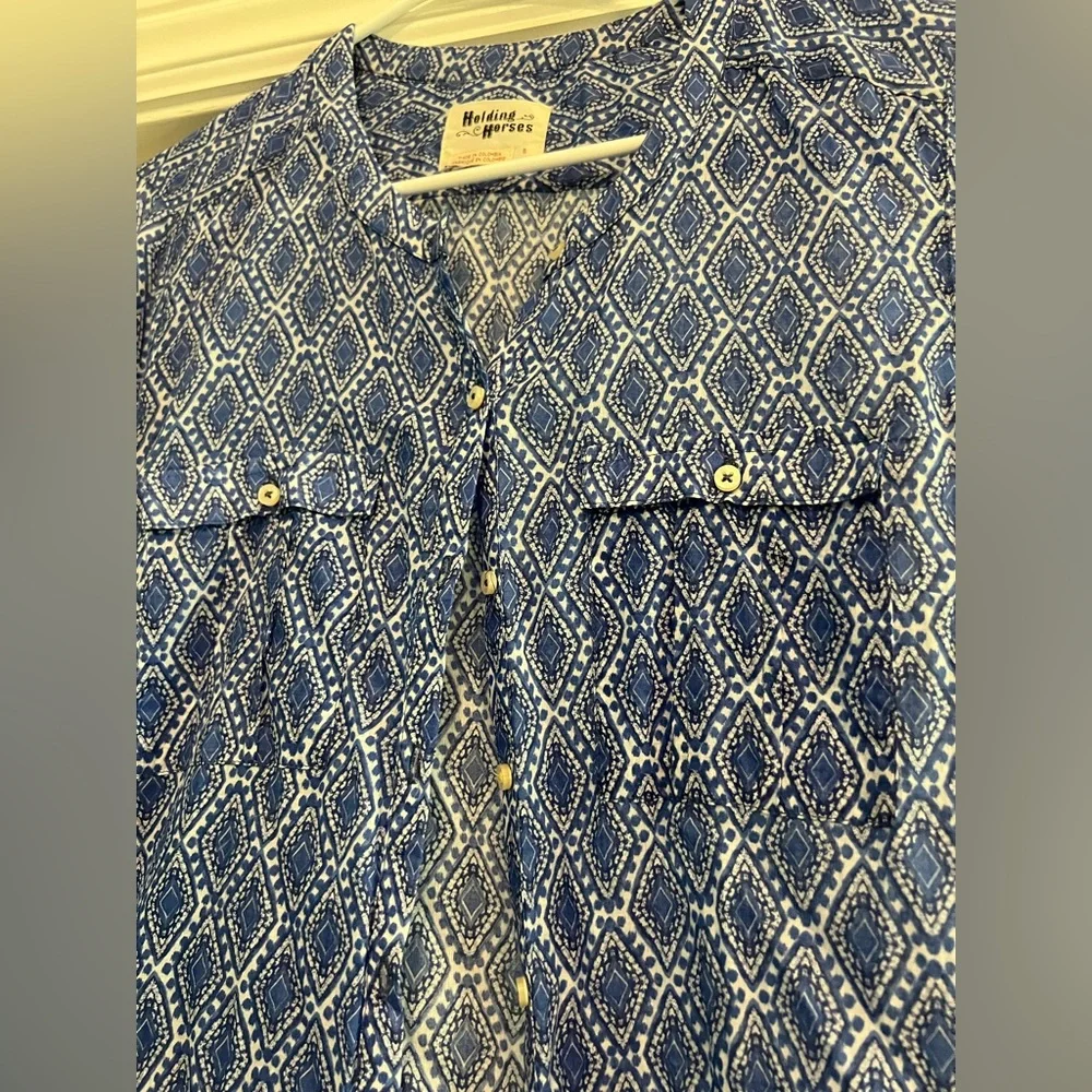 Women’s Holding Horses Indigo Geometric Button Down Shirt - Picture 3 of 5